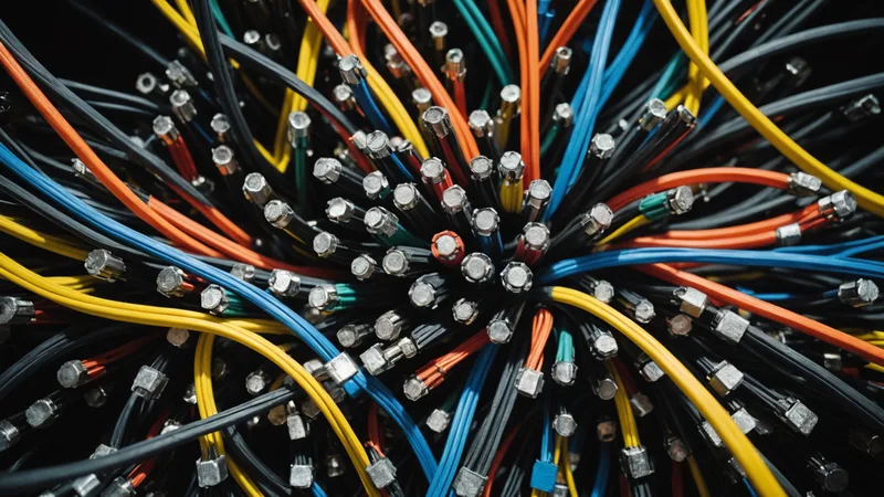 Tangled cable bundle representing complex one-off robot integration